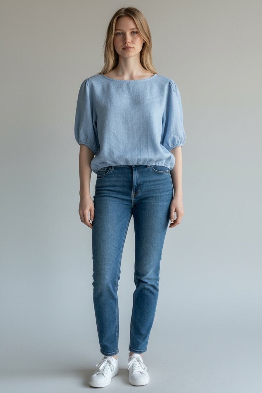 Bellambra Baby Blue Linen Puff Sleeve Cropped Top Size L